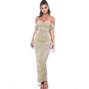 Miss Circle New York Gene Gold Ruched Off Shoulder Chiffon Dress Size Small